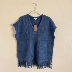NWT J. Jill Pure Jill Fringed Hem V Neck Indigo Blue Boho Sweater XXS